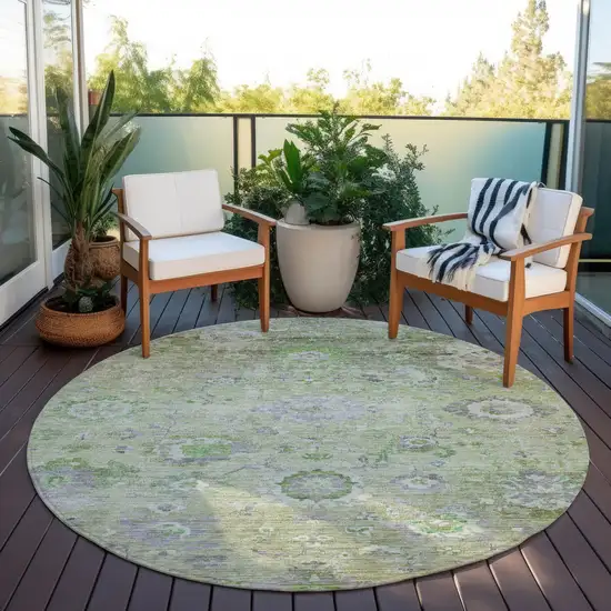 8' Mint Green And Gray Round Floral Washable Indoor Outdoor Area Rug Photo 7