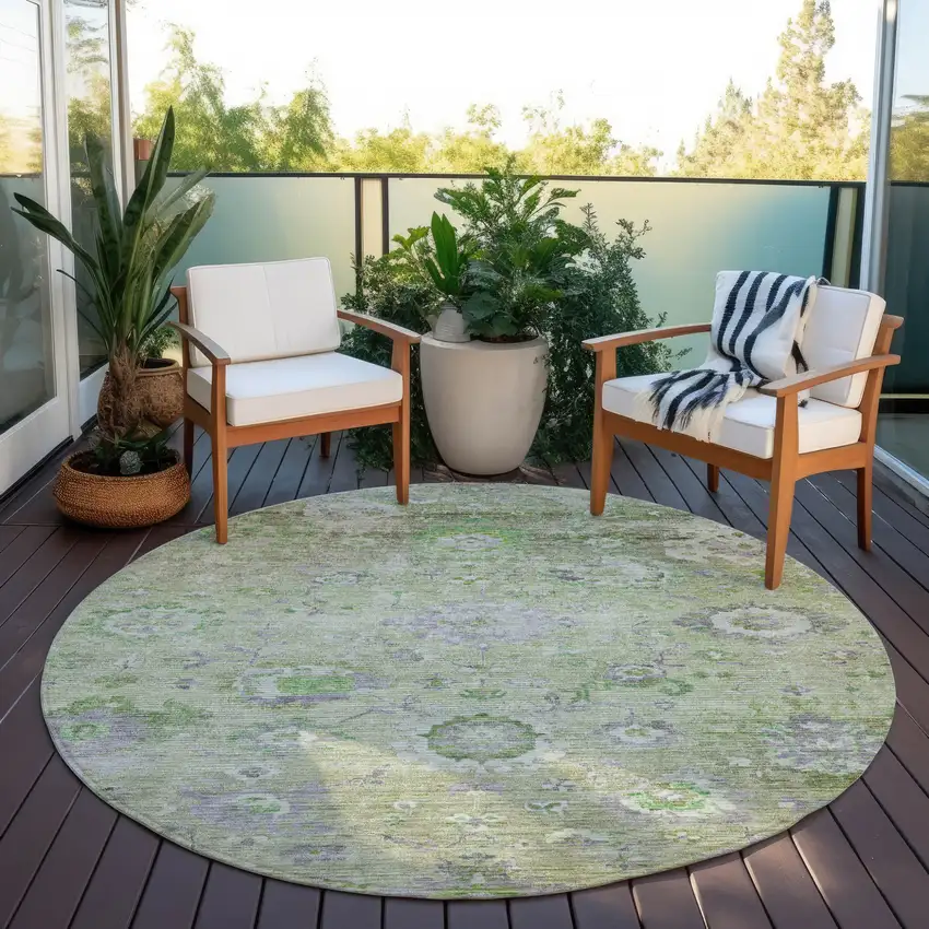 8' Mint Green And Gray Round Floral Washable Indoor Outdoor Area Rug Photo 7