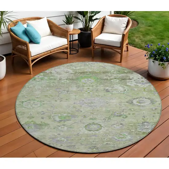 8' Mint Green And Gray Round Floral Washable Indoor Outdoor Area Rug Photo 1