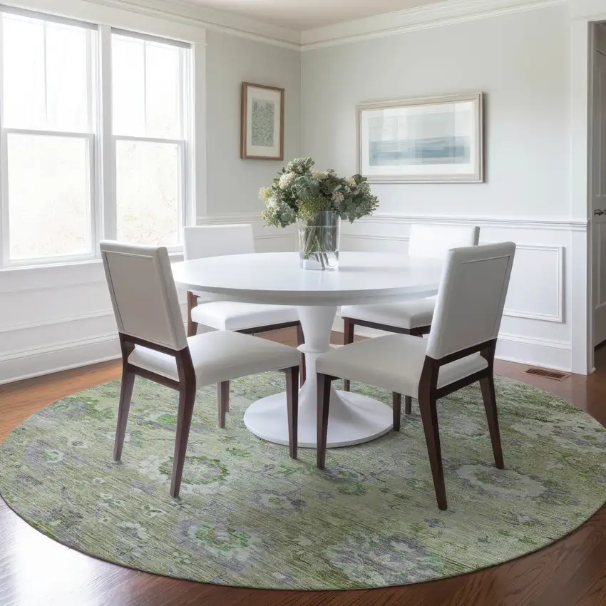 8' Mint Green And Gray Round Floral Washable Indoor Outdoor Area Rug Photo 8