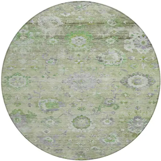 8' Mint Green And Gray Round Floral Washable Indoor Outdoor Area Rug Photo 2