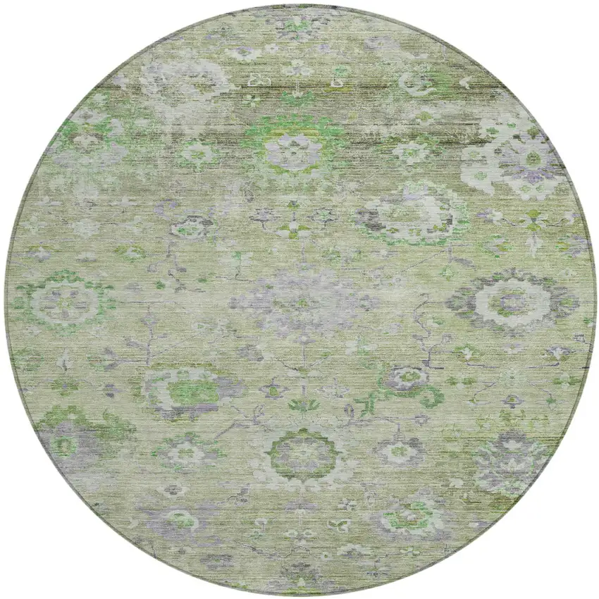 8' Mint Green And Gray Round Floral Washable Indoor Outdoor Area Rug Photo 2