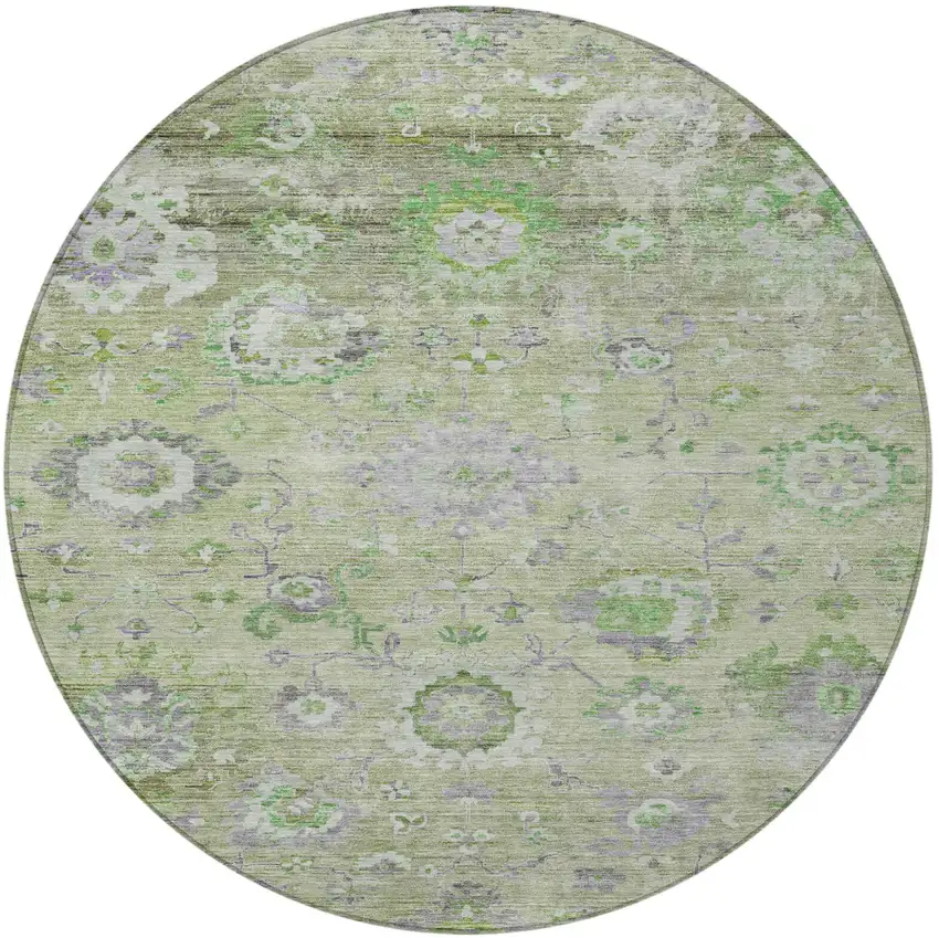 8' Mint Green And Gray Round Floral Washable Indoor Outdoor Area Rug Photo 6