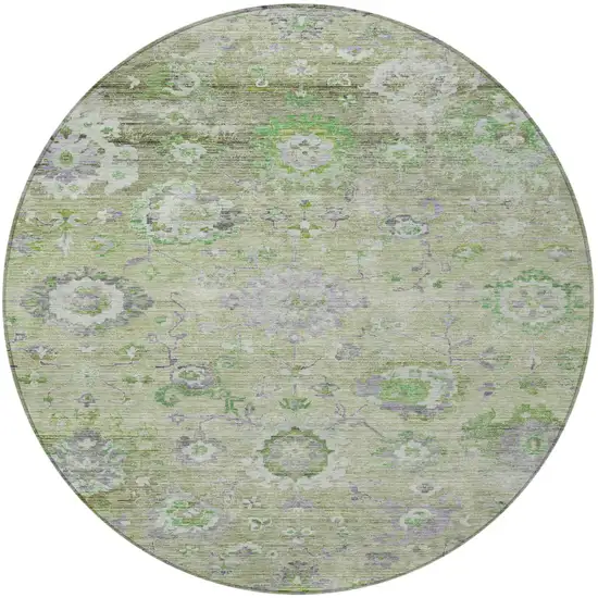 8' Mint Green And Gray Round Floral Washable Indoor Outdoor Area Rug Photo 6