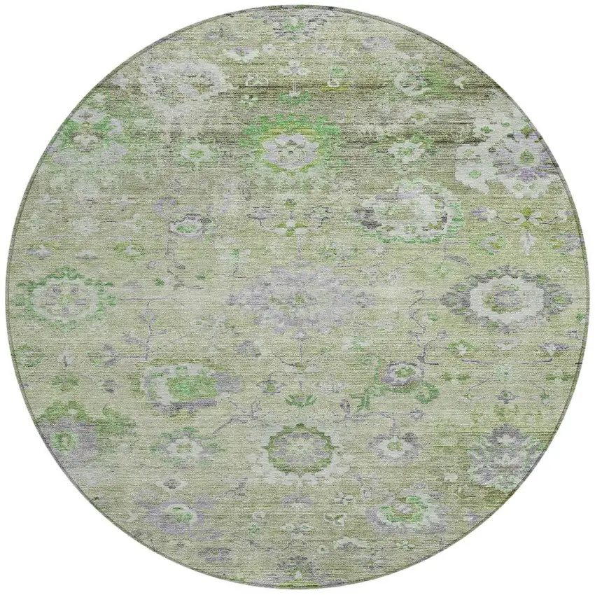 8' Mint Green And Gray Round Floral Washable Indoor Outdoor Area Rug Photo 5