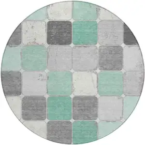 Photo of 8' Mint Green And Gray Round Geometric Washable Indoor Outdoor Area Rug