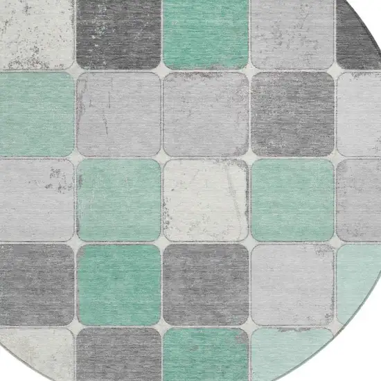 8' Mint Green And Gray Round Geometric Washable Indoor Outdoor Area Rug Photo 4