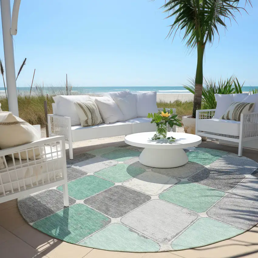 8' Mint Green And Gray Round Geometric Washable Indoor Outdoor Area Rug Photo 6