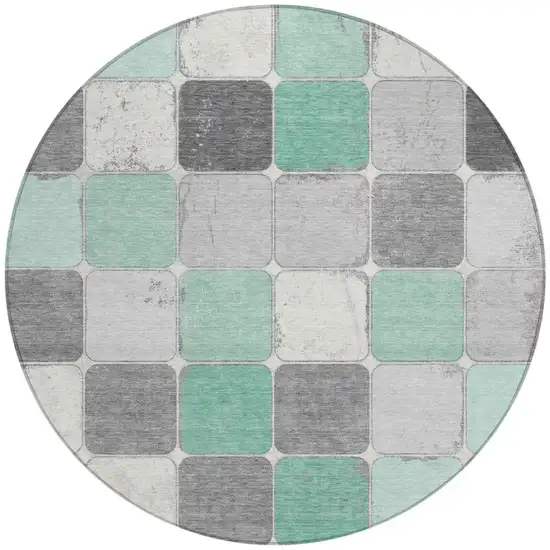 8' Mint Green And Gray Round Geometric Washable Indoor Outdoor Area Rug Photo 3