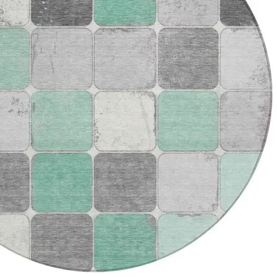 8' Mint Green And Gray Round Geometric Washable Indoor Outdoor Area Rug Photo 9