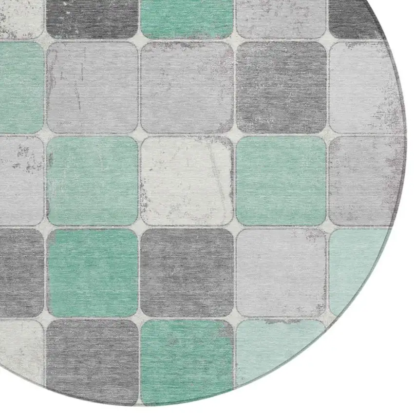 8' Mint Green And Gray Round Geometric Washable Indoor Outdoor Area Rug Photo 9