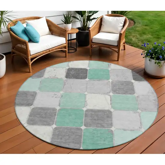 8' Mint Green And Gray Round Geometric Washable Indoor Outdoor Area Rug Photo 2