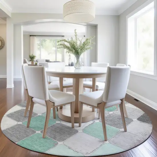 8' Mint Green And Gray Round Geometric Washable Indoor Outdoor Area Rug Photo 7