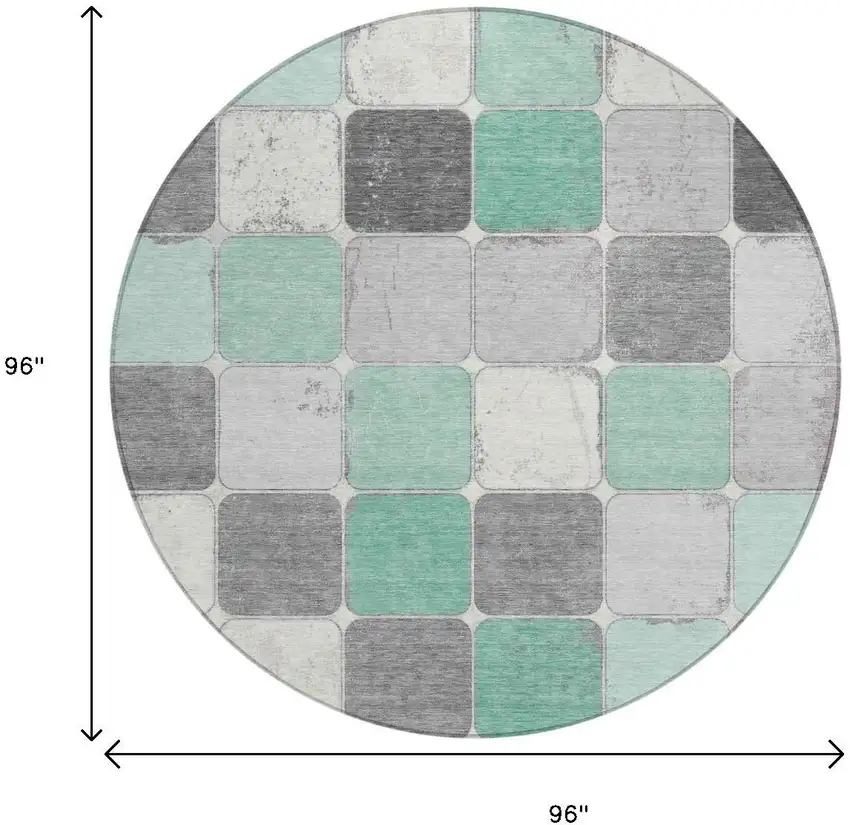 8' Mint Green And Gray Round Geometric Washable Indoor Outdoor Area Rug Photo 9