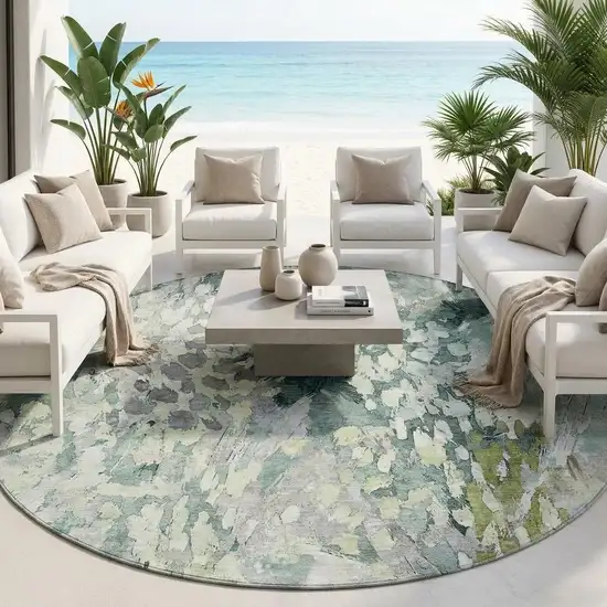 8' Mint Green And Green Round Abstract Washable Indoor Outdoor Area Rug Photo 1