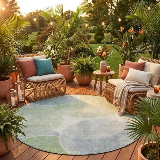 8' Mint Green And Green Round Geometric Washable Indoor Outdoor Area Rug Photo 1