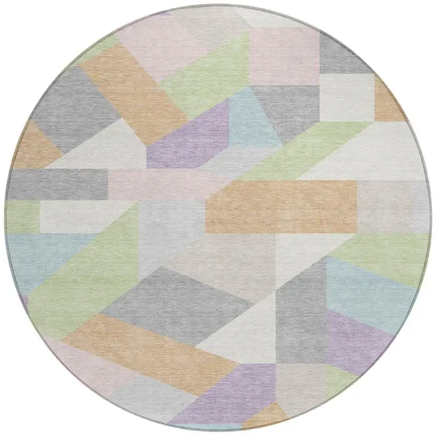8' Mint Green And Green Round Geometric Washable Indoor Outdoor Area Rug Photo 3
