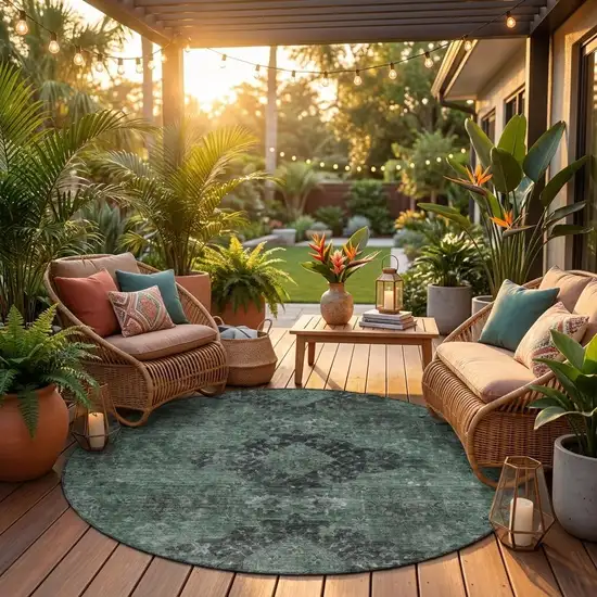 8' Mint Green And Green Round Oriental Washable Indoor Outdoor Area Rug Photo 1