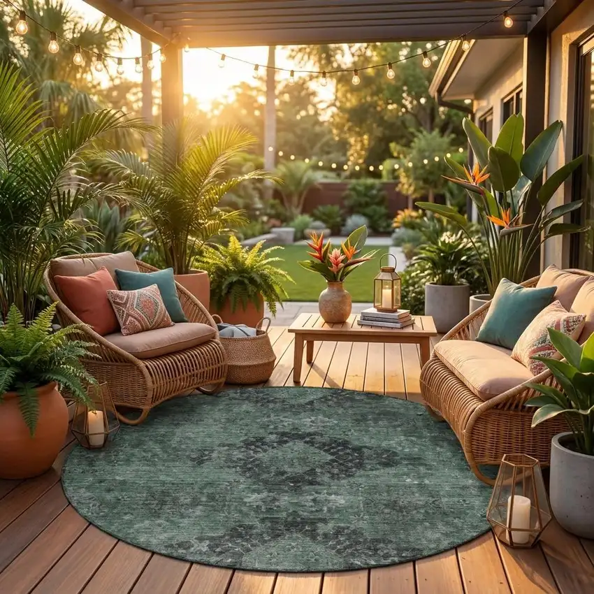 8' Mint Green And Green Round Oriental Washable Indoor Outdoor Area Rug Photo 1
