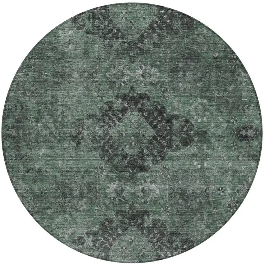 8' Mint Green And Green Round Oriental Washable Indoor Outdoor Area Rug Photo 2