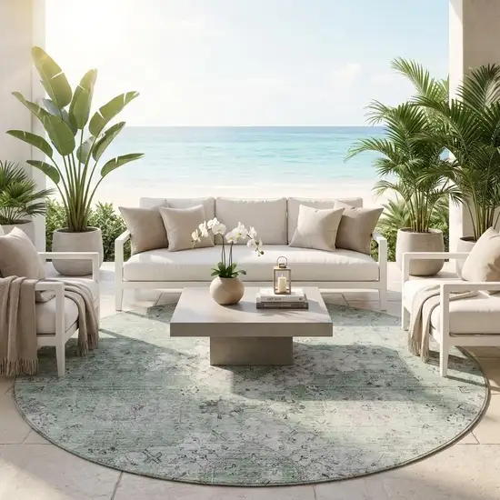 8' Mint Green And Green Round Oriental Washable Indoor Outdoor Area Rug Photo 1