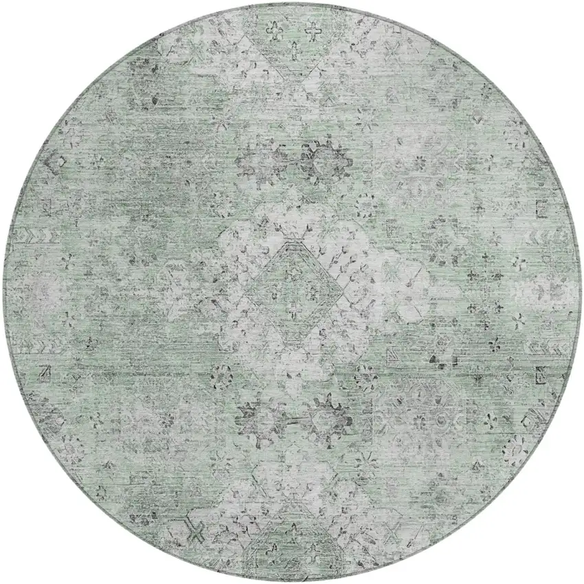 8' Mint Green And Green Round Oriental Washable Indoor Outdoor Area Rug Photo 2