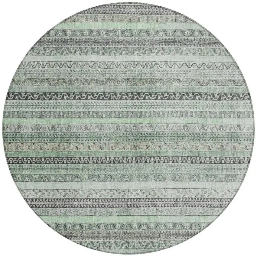 8' Mint Green And Green Round Striped Washable Indoor Outdoor Area Rug Photo 4
