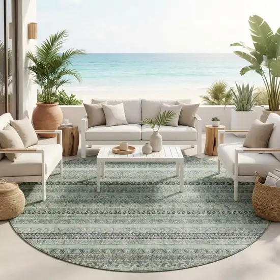 8' Mint Green And Green Round Striped Washable Indoor Outdoor Area Rug Photo 1