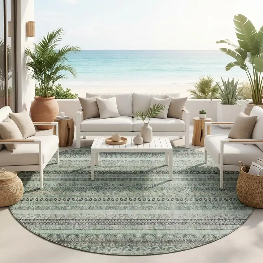 8' Mint Green And Green Round Striped Washable Indoor Outdoor Area Rug Photo 1