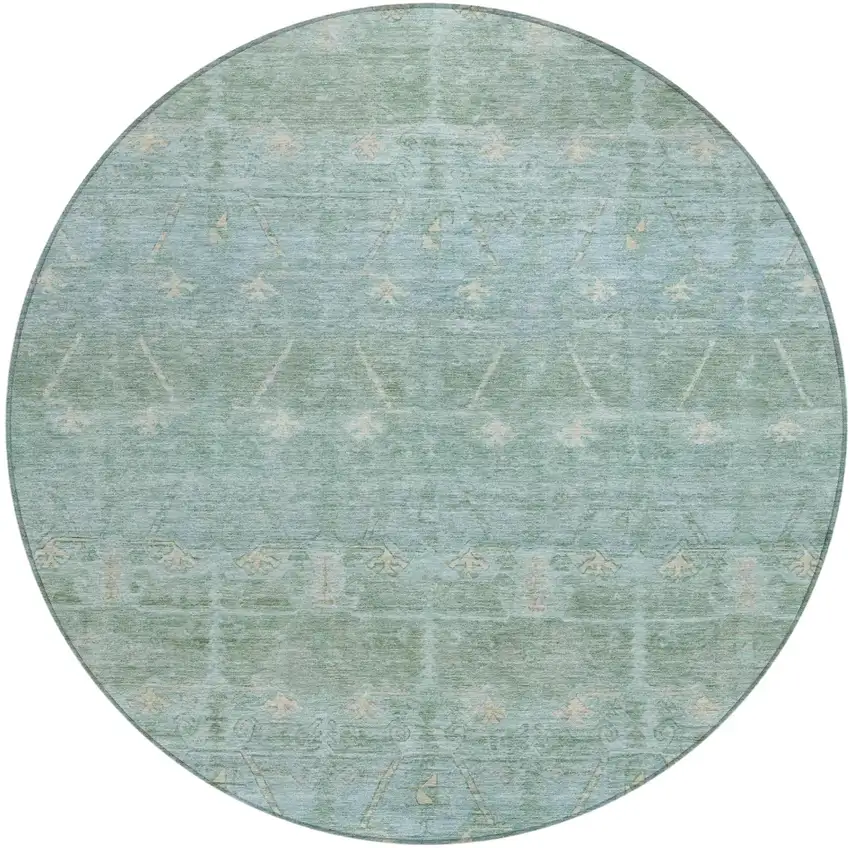 8' Mint Green And Green Round Tribal Washable Indoor Outdoor Area Rug Photo 2