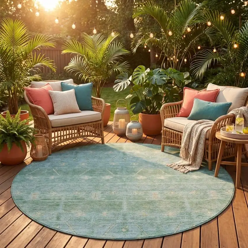 8' Mint Green And Green Round Tribal Washable Indoor Outdoor Area Rug Photo 1