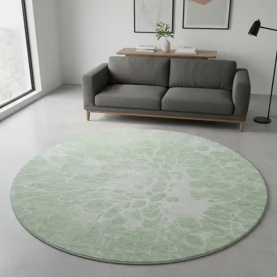 8' Mint Green And Ivory Abstract Washable Round Rug With UV Protection Photo 2