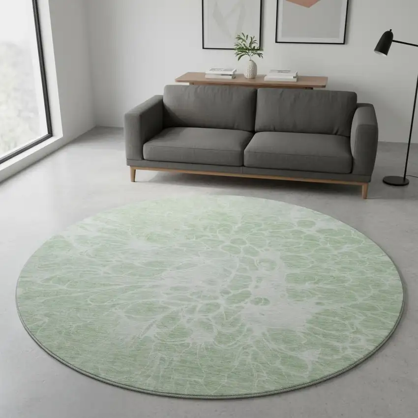 8' Mint Green And Ivory Abstract Washable Round Rug With UV Protection Photo 2