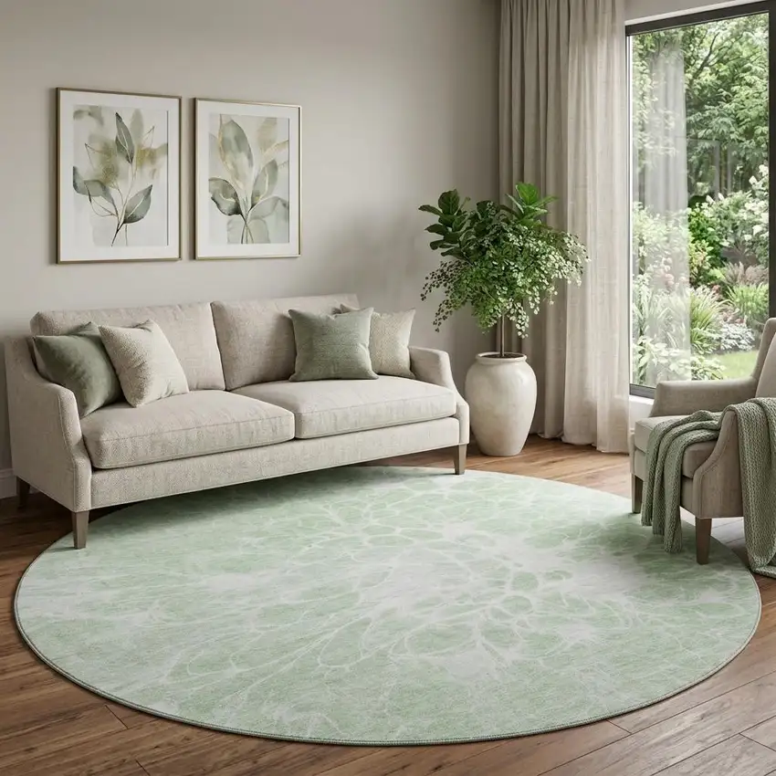 8' Mint Green And Ivory Abstract Washable Round Rug With UV Protection Photo 1
