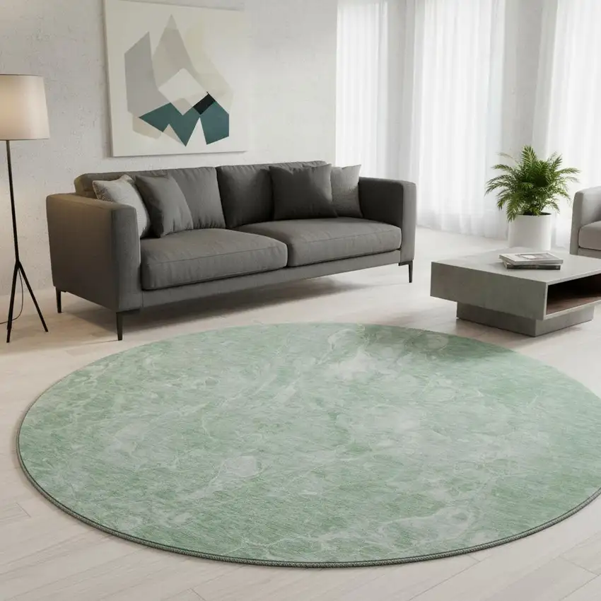 8' Mint Green And Ivory Abstract Washable Round Rug With UV Protection Photo 2