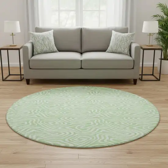 8' Mint Green And Ivory Abstract Washable Round Rug With UV Protection Photo 2