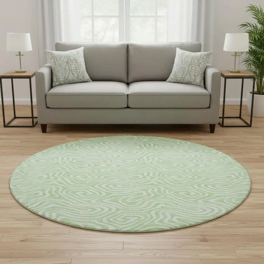 8' Mint Green And Ivory Abstract Washable Round Rug With UV Protection Photo 2