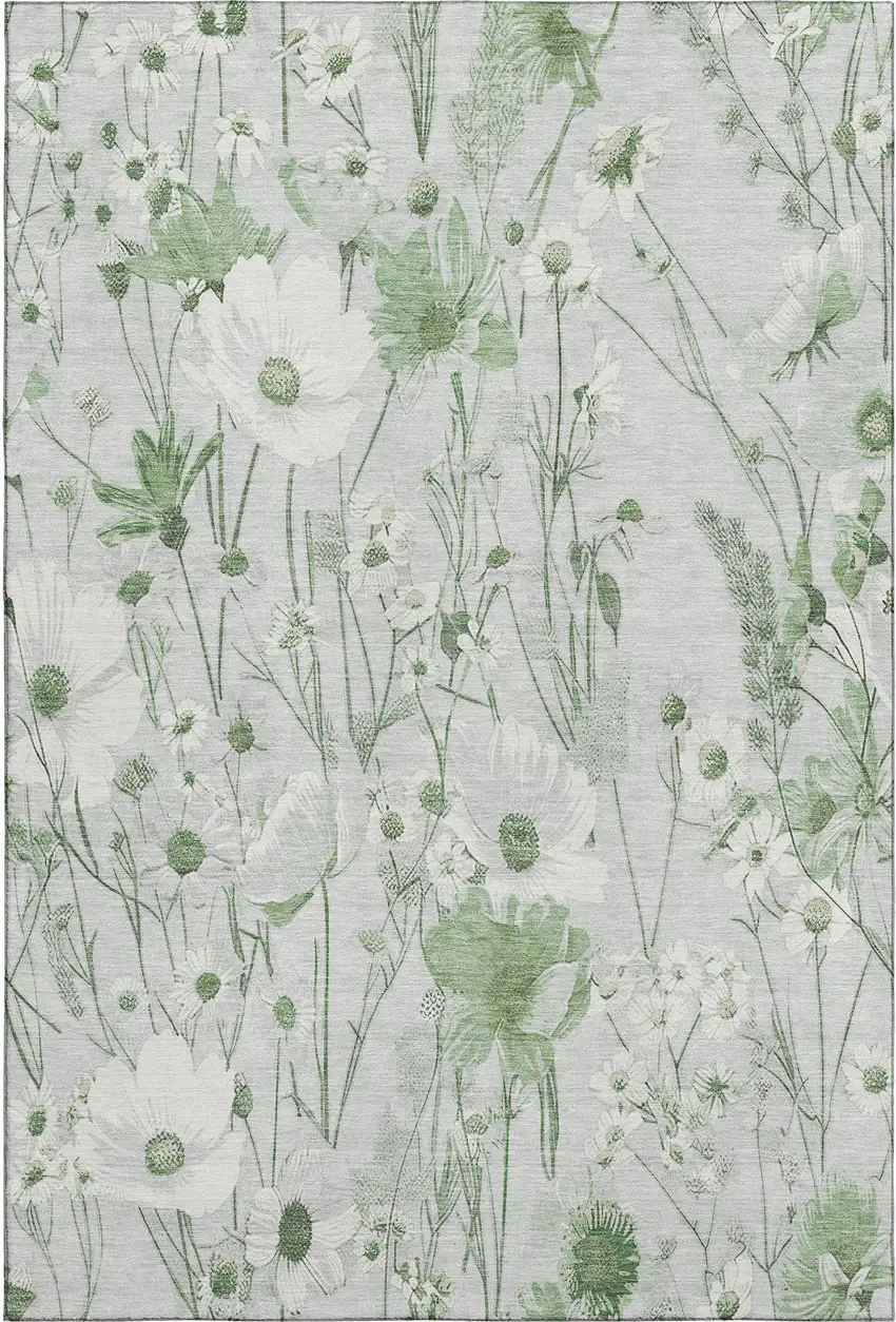 8' Mint Green And Ivory Floral Washable Area Rug With UV Protection Photo 1