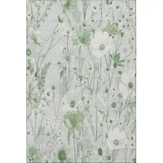 8' Mint Green And Ivory Floral Washable Area Rug With UV Protection Photo 3