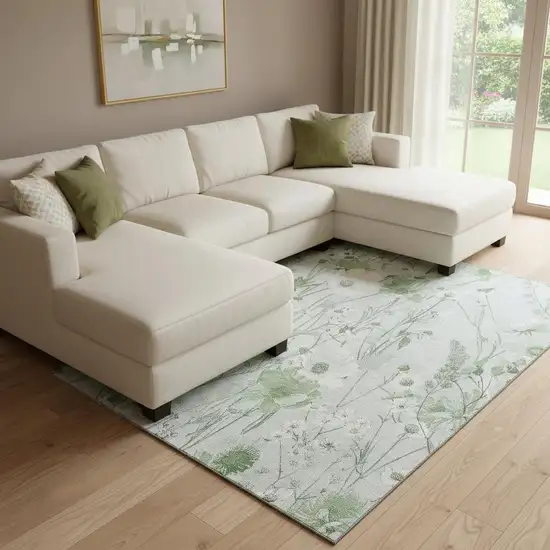 8' Mint Green And Ivory Floral Washable Area Rug With UV Protection Photo 2