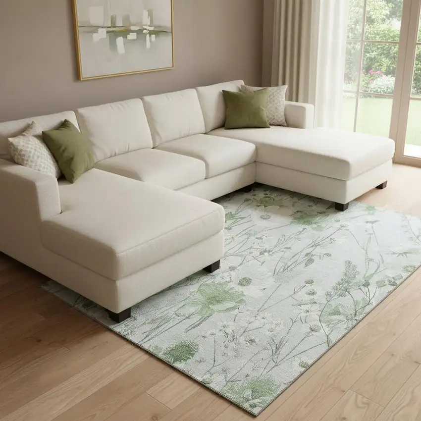 8' Mint Green And Ivory Floral Washable Area Rug With UV Protection Photo 2