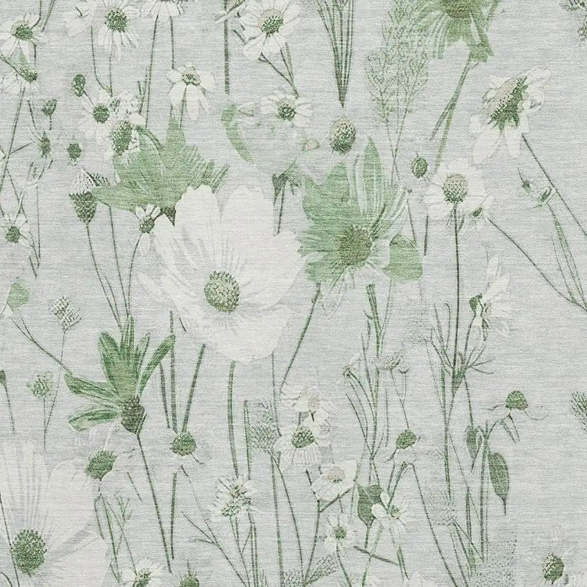 8' Mint Green And Ivory Floral Washable Area Rug With UV Protection Photo 2