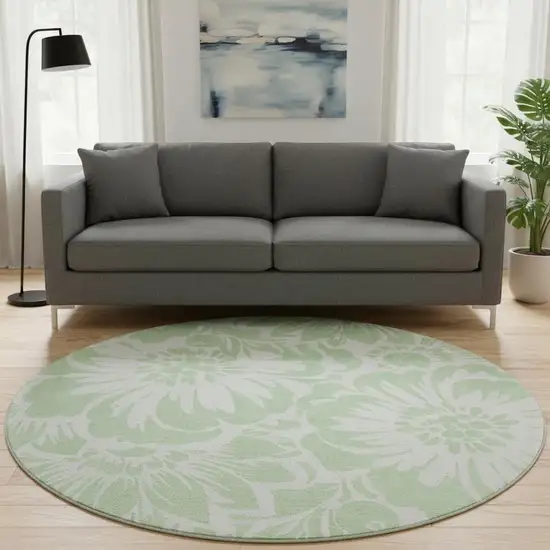 8' Mint Green And Ivory Floral Washable Round Rug With UV Protection Photo 1