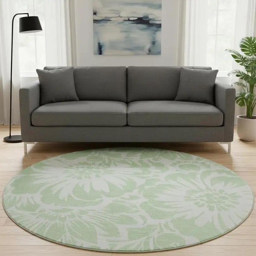 8' Mint Green And Ivory Floral Washable Round Rug With UV Protection Photo 1