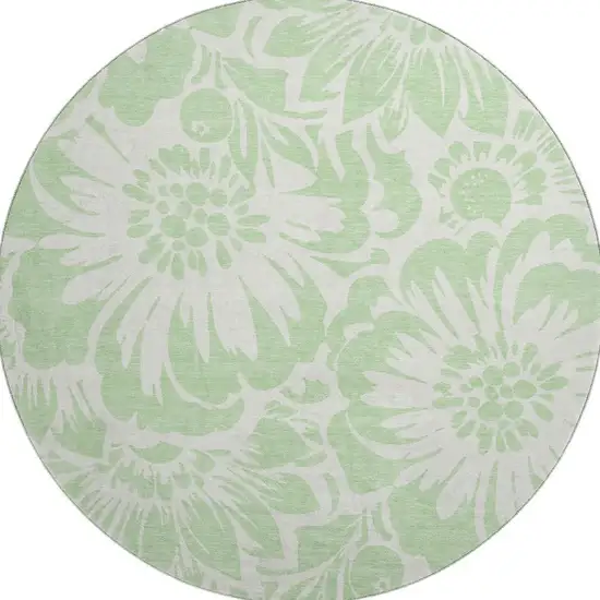 8' Mint Green And Ivory Floral Washable Round Rug With UV Protection Photo 4