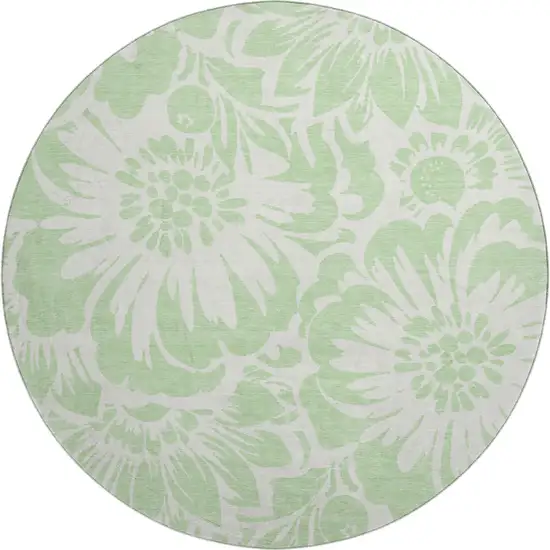 8' Mint Green And Ivory Floral Washable Round Rug With UV Protection Photo 1