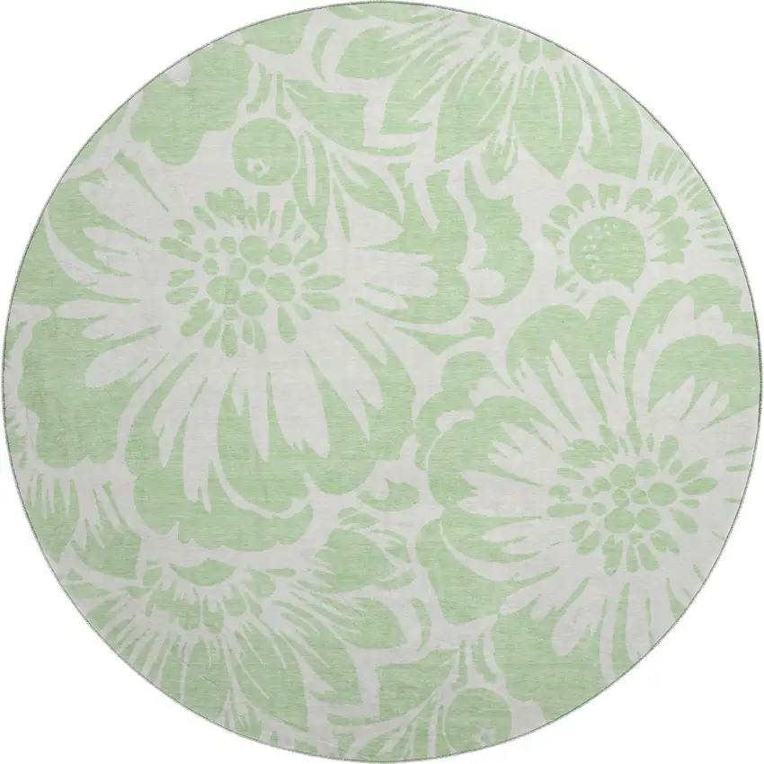 8' Mint Green And Ivory Floral Washable Round Rug With UV Protection Photo 1