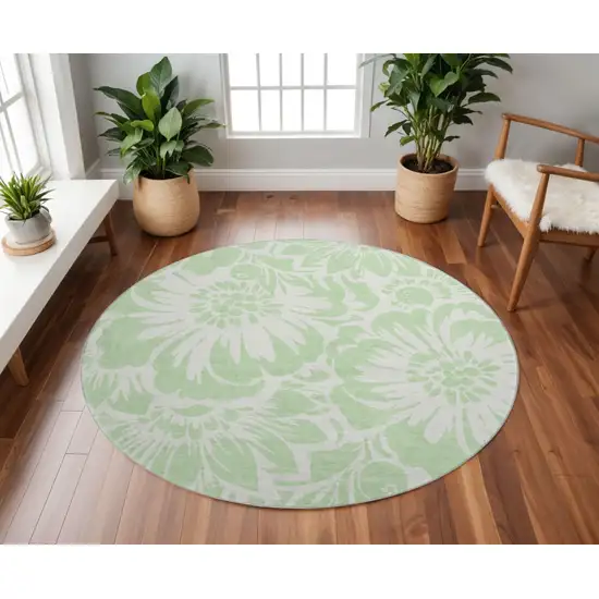 8' Mint Green And Ivory Floral Washable Round Rug With UV Protection Photo 2