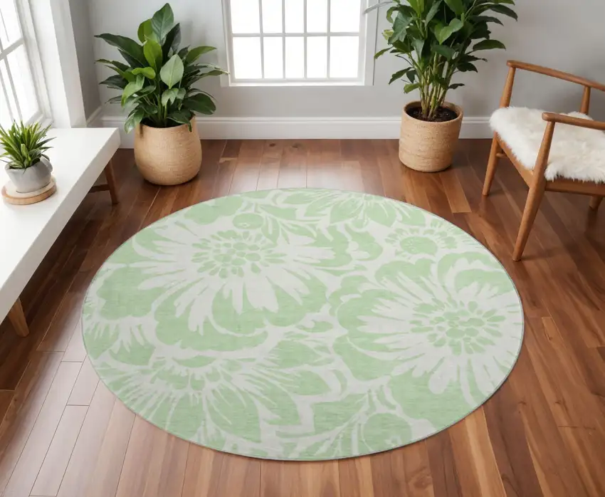 8' Mint Green And Ivory Floral Washable Round Rug With UV Protection Photo 2