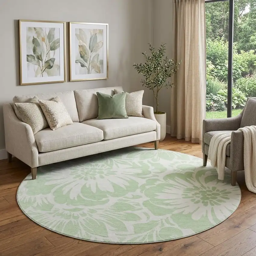 8' Mint Green And Ivory Floral Washable Round Rug With UV Protection Photo 1